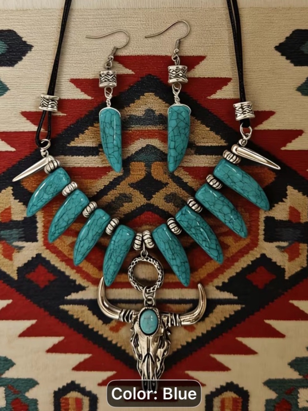 Turquoise Blue Southwestern Bull Skull Necklace & Earring Set